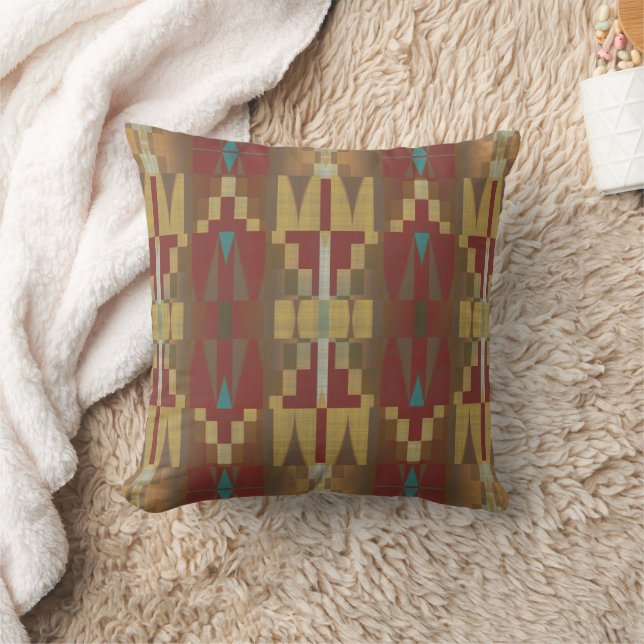 Red Brown Mustard Yellow Ochre Blue Tribal Art Throw Pillow (Blanket)