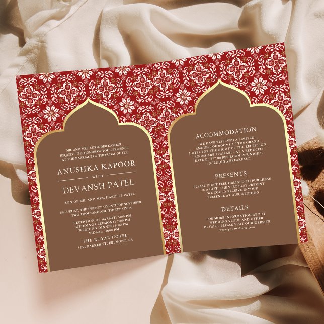 Red Brown Pattern All in One Indian Wedding Invitation (Creator Uploaded)