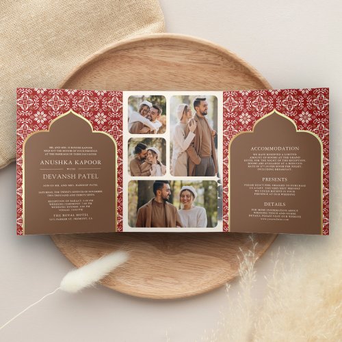 Red Brown Pattern All in One Indian Wedding Tri_Fold Invitation