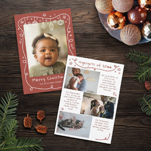 Red-Brown Scribbled Baubles Photos Merry Christmas Holiday Card