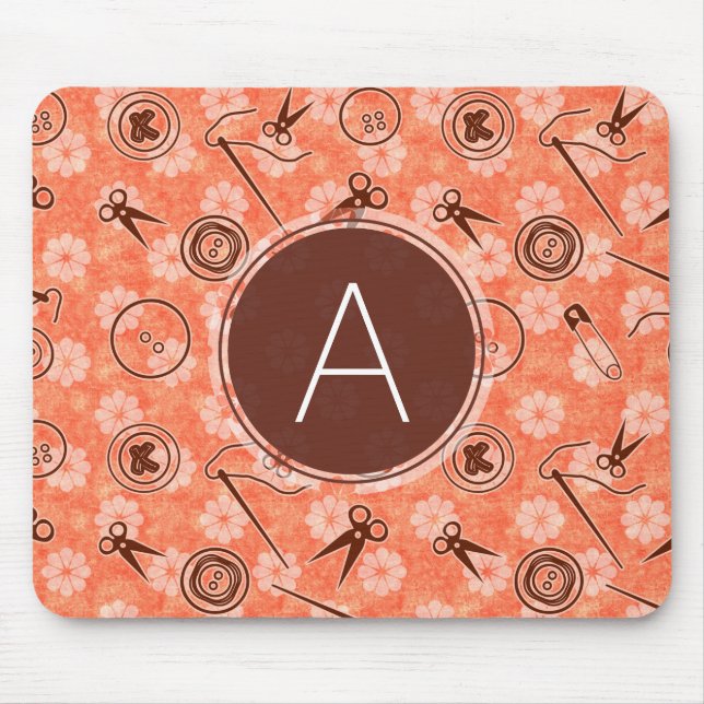 Red Brown Sewing Pattern with Monogram Mouse Pad (Front)