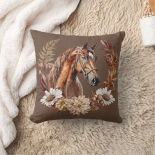 Red Brown Sorrel Horse Autumn Wreath Throw Pillow