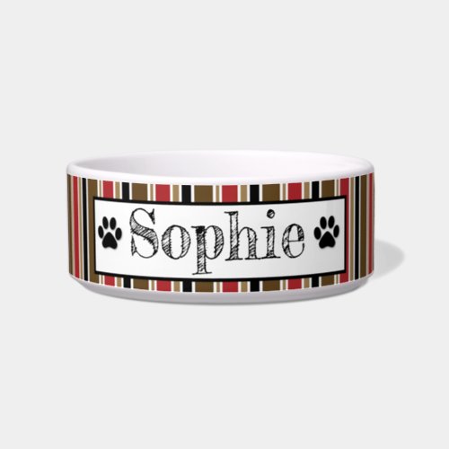 Red  Brown Stripes Personalized Dog Cat Pet  Bowl