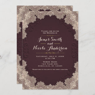 Red Brown Suede Leather Vintage Lace Wedding Invitation