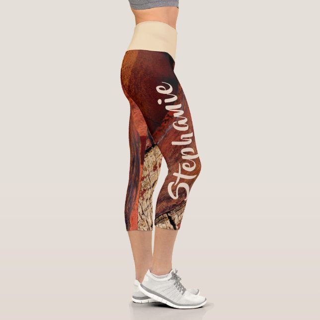 Red Brown Tan Abstract Personalized Name Capri Leggings (Right)