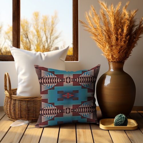 Red Brown Teal Blue Green Eclectic Ethnic Look Throw Pillow