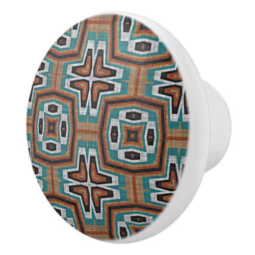 Red Brown Teal Turquoise Gray Tribal Art Pattern Ceramic Knob