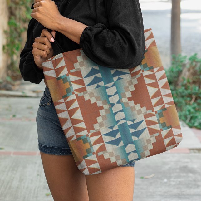 Red Brown Terracotta Teal Blue Tribal Art Pattern Tote Bag (Creator Uploaded)