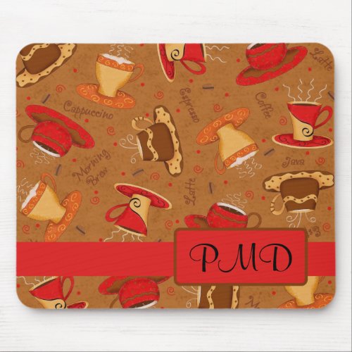 Red Brown Whimsy Coffee Cups Pattern Name Mouse Pad