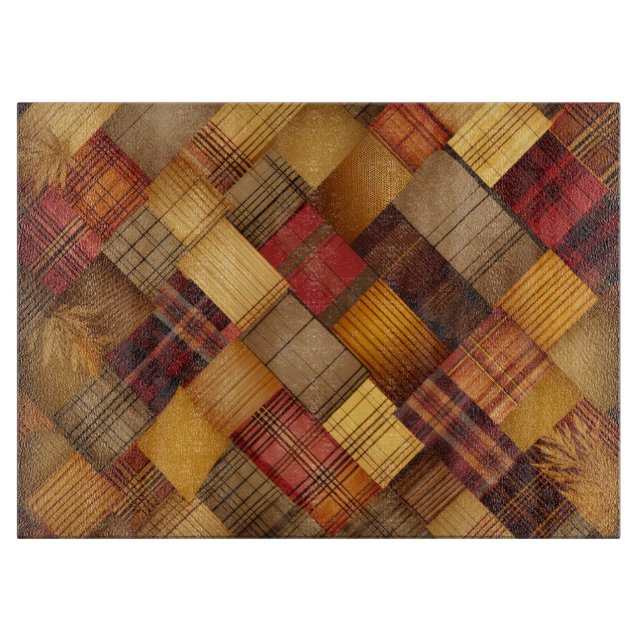 RED BROWN YELLOW ORANGE PLAID FALL PATTERN CUTTING BOARD (Front)