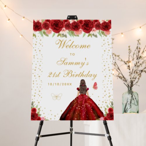 Red Brunette Hair Girl Birthday Party Welcome Foam Board