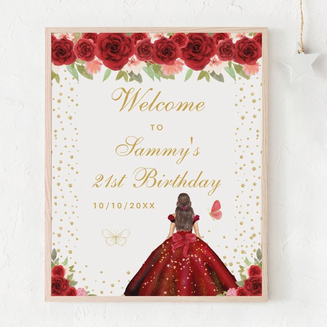 Red Brunette Hair Girl Birthday Party Welcome Poster (Creator Uploaded)