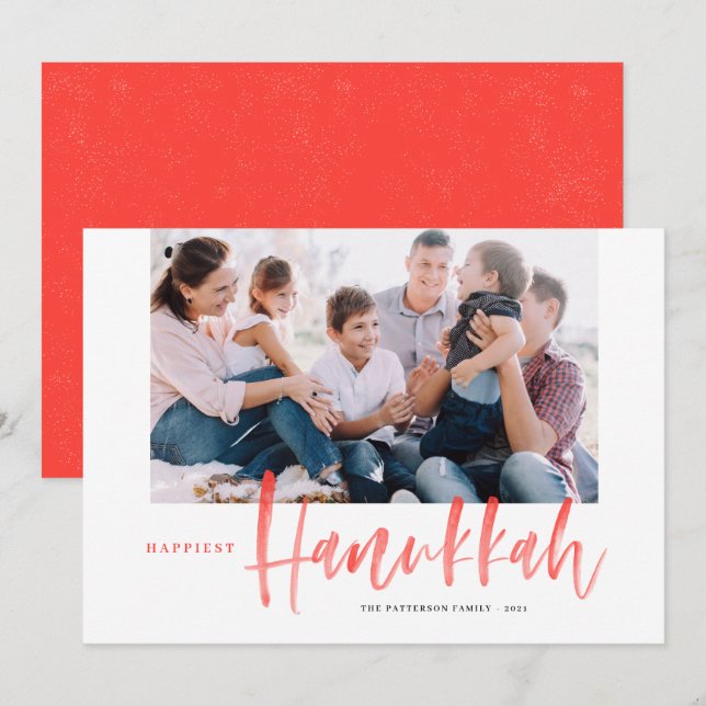 Red Brush Calligraphy Happiest Hanukkah Photo Holiday Card (Front/Back)