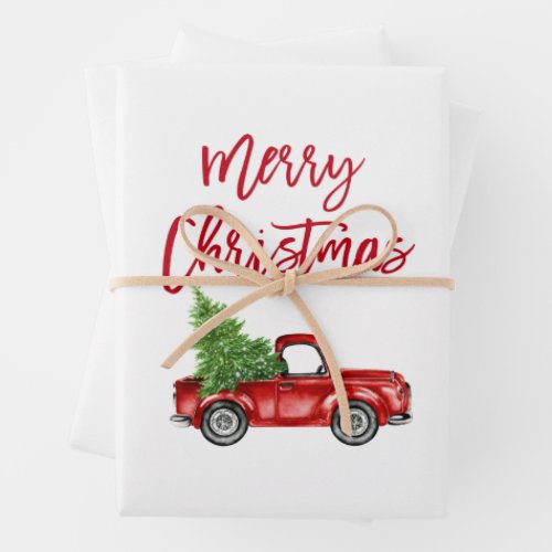 Red Brush Script Christmas Truck Wrapping Paper Sheets