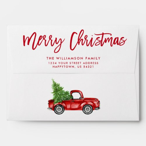 Red Brush Script Christmas Vintage Truck Envelope