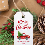 Red Brush Script Christmas Vintage Truck Gift Tags<br><div class="desc">Brush Script Watercolor Vintage Red Truck with Christmas Tree Gift Tag - Red</div>