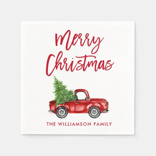 Red Brush Script Christmas Vintage Truck Napkins