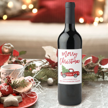 Red Brush Script Christmas Vintage Truck Wine Label by HappyMemoriesCardCo at Zazzle