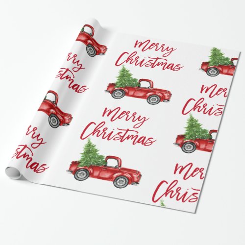 Red Brush Script Christmas Vintage Truck Wrapping Paper