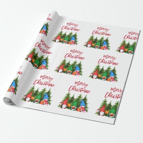 Red Brush Script Christmas Watercolor Gnomes Trees Wrapping Paper