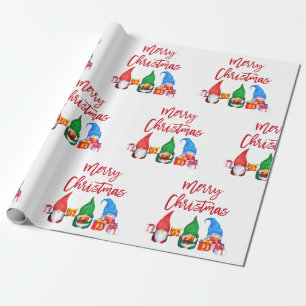 Red Brush Script Christmas Watercolor Gnomes Wrapping Paper