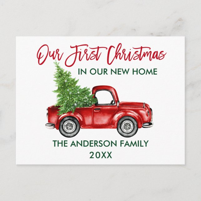 Red Brush Script First Christmas New Home Truck Postcard (Front)