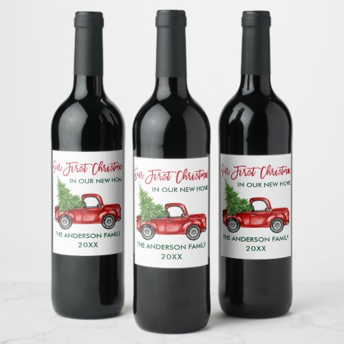 Red Brush Script First Christmas New Home Truck Wine Label