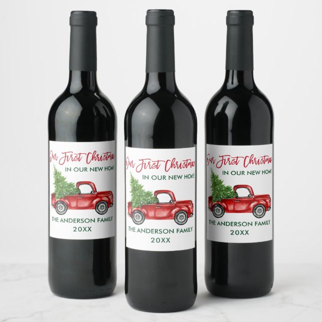 Red Brush Script First Christmas New Home Truck Wine Label (Bottles)