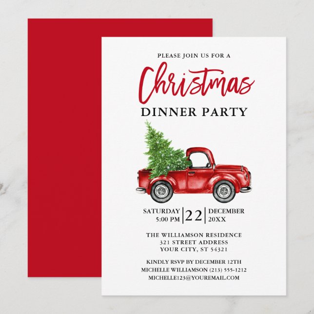 Red Brush Script Truck Christmas Party Red Invitation (Front/Back)