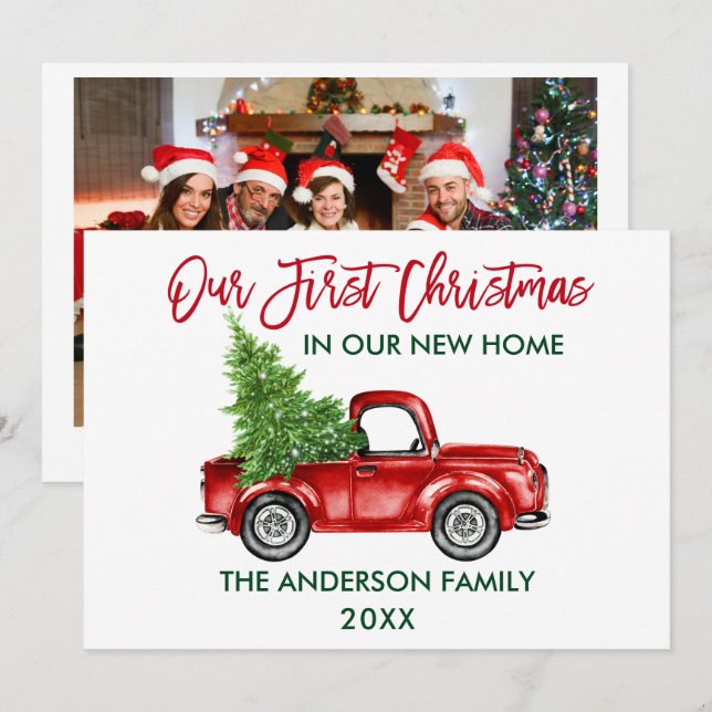 Red Brush Script Truck First Christmas Home Photo Holiday Card (Front/Back)