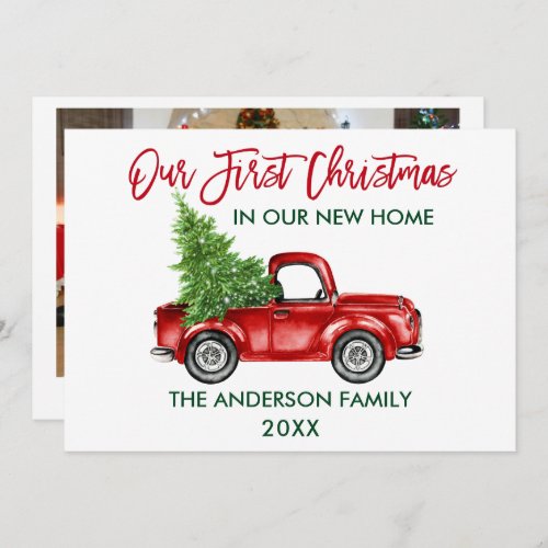 Red Brush Script Truck First Christmas Home Photo Holiday Card