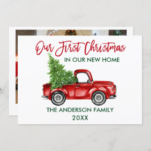 Red Brush Script Truck First Christmas Home Photo Holiday Card
