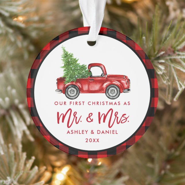 Red Brush Script Truck First Christmas Plaid Ornament (Tree)