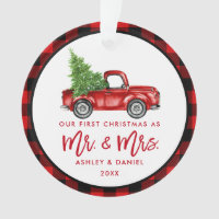 Red Brush Script Truck First Christmas Plaid Ornament
