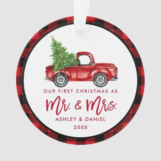 Red Brush Script Truck First Christmas Plaid Ornament