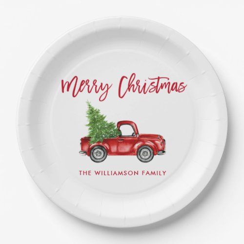 Red Brush Script Vintage Red Truck Christmas Paper Plates