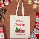 Red Brush Script Vintage Red Truck Christmas Tote Bag<br><div class="desc">Modern Brush Script Merry Christmas Watercolor Vintage Red Truck with Christmas Tree Tote Bag</div>