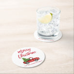 Red Brush Script Vintage Red Truck Christmas Tree Round Paper Coaster<br><div class="desc">Brush Script Watercolor Vintage Red Truck with Christmas Tree - Christmas Coaster</div>