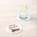 Red Brush Script Vintage Red Truck Christmas Tree Round Paper Coaster<br><div class="desc">Brush Script Watercolor Vintage Red Truck with Christmas Tree - Christmas Coaster</div>