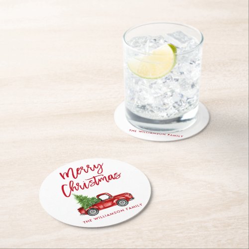 Red Brush Script Vintage Red Truck Christmas Tree Round Paper Coaster