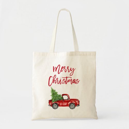 Red Brush Script Vintage Red Truck Christmas Tree Tote Bag