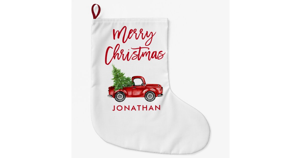 Red Brush Script Vintage Red Truck Tree Large Christmas Stocking
