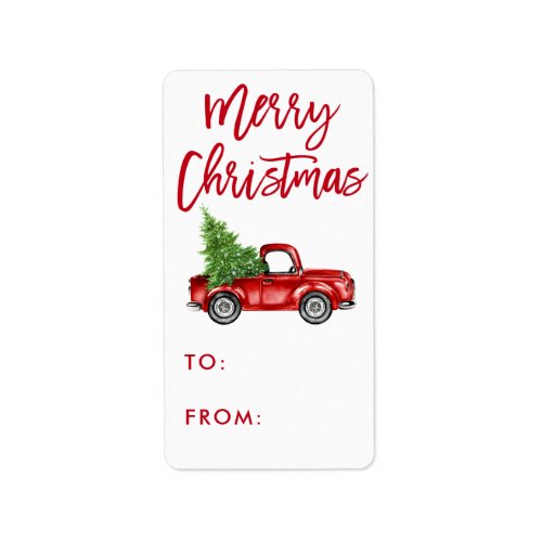 Red Brush Script Vintage Truck Christmas Gift Label