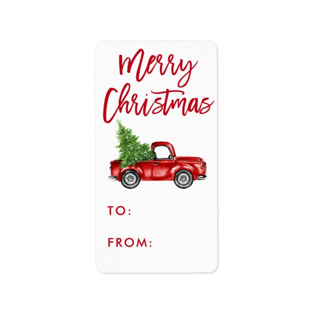 Red Brush Script Vintage Truck Christmas Gift Label (Front)