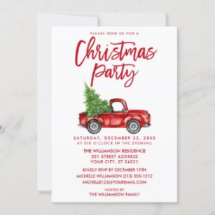 Red Brush Script Vintage Truck Christmas Party Invitation