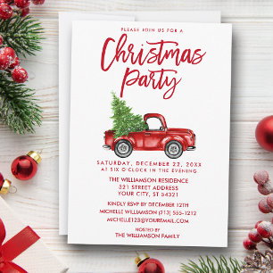 Red Brush Script Vintage Truck Christmas Party Invitation