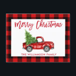 Red Brush Script Vintage Truck Christmas Plaid Postcard<br><div class="desc">Brush Script Watercolor Vintage Red Truck with Christmas Tree - Merry Christmas Red Plaid Postcard</div>