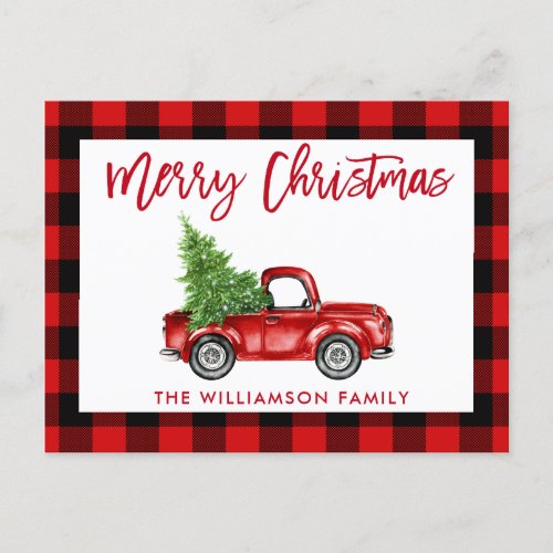 Red Brush Script Vintage Truck Christmas Plaid Postcard