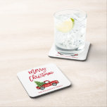 Red Brush Script Vintage Truck Christmas Tree Beverage Coaster<br><div class="desc">Brush Script Watercolor Vintage Red Truck with Christmas Tree Coaster</div>