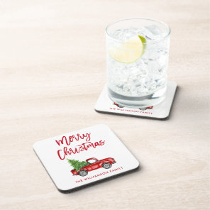 Red Brush Script Vintage Truck Christmas Tree Beverage Coaster